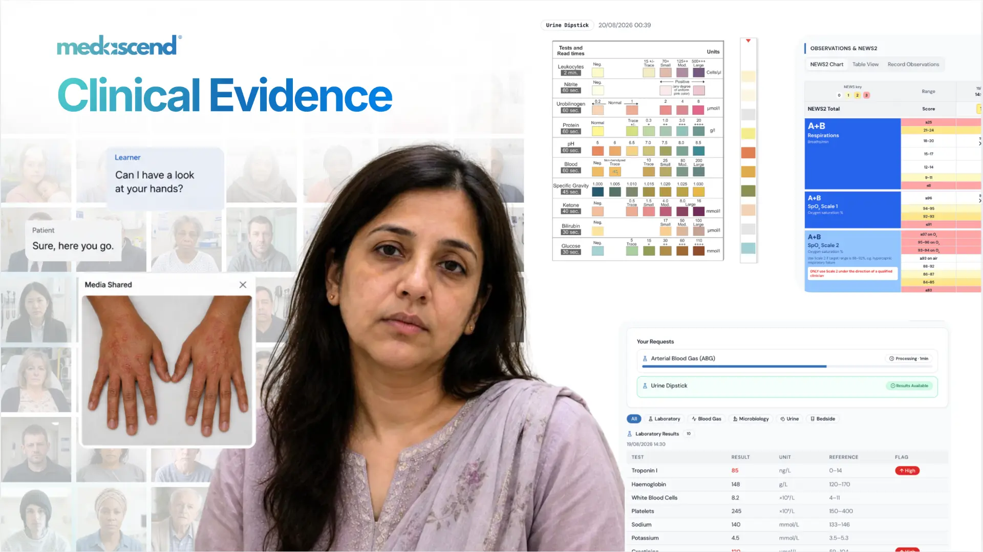 MedAscend Clinical Evidence screen showing a simulated patient consultation with shared clinical media and observations panels.