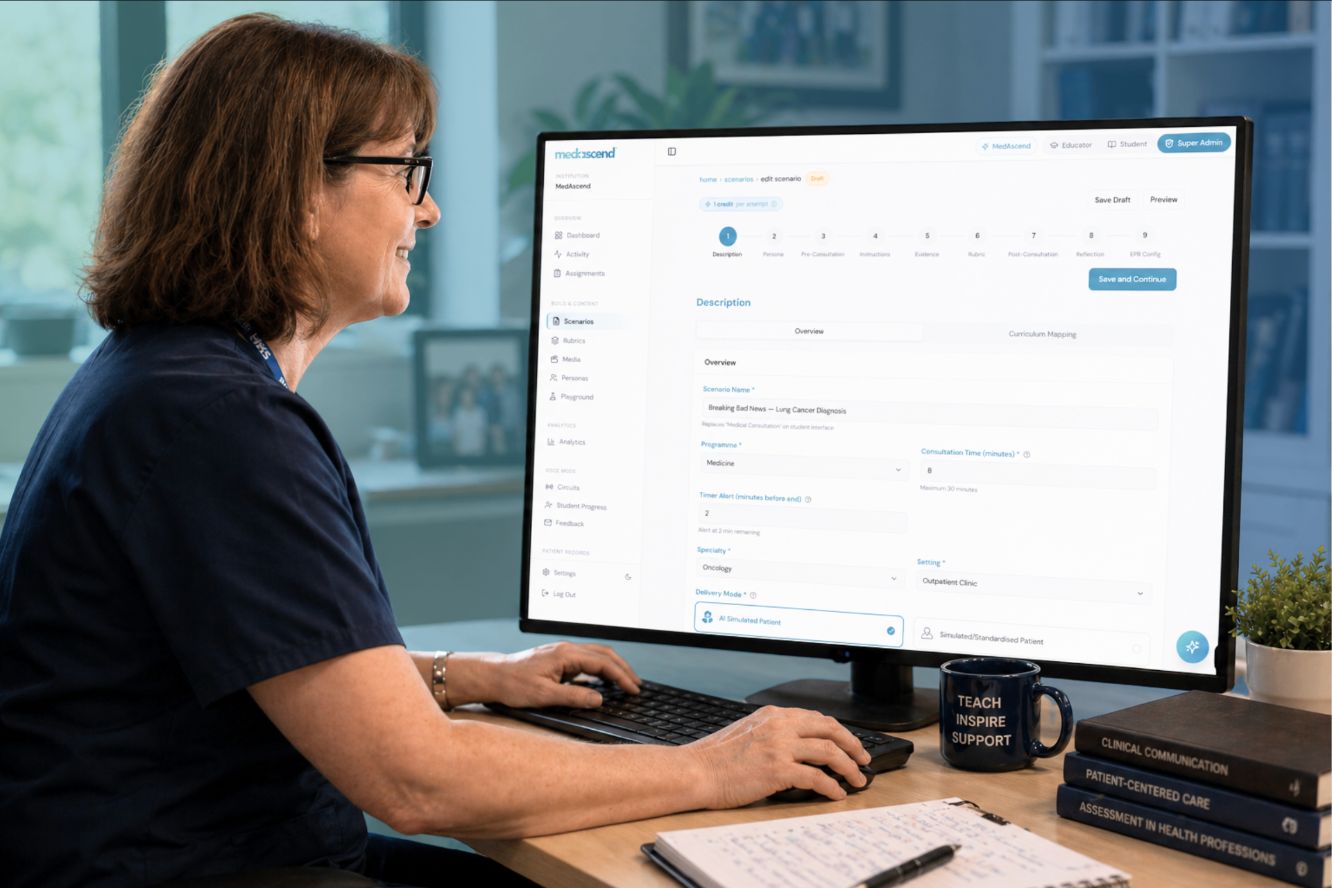 An educator authoring a scenario in the MedAscend scenario builder